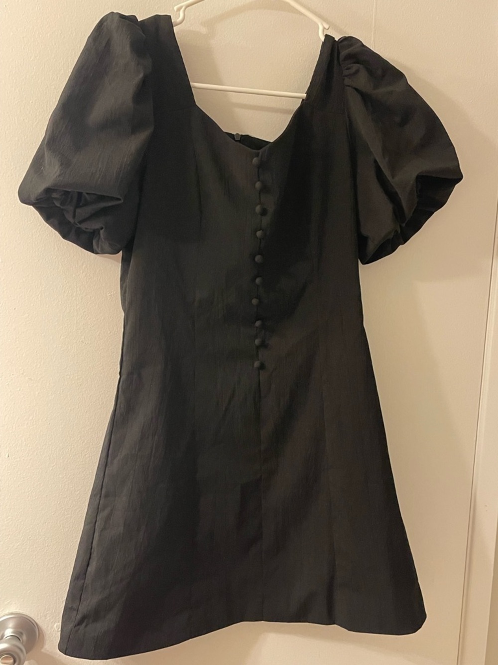 Puff Sleeve Black Mini Dress with Covered Buttons